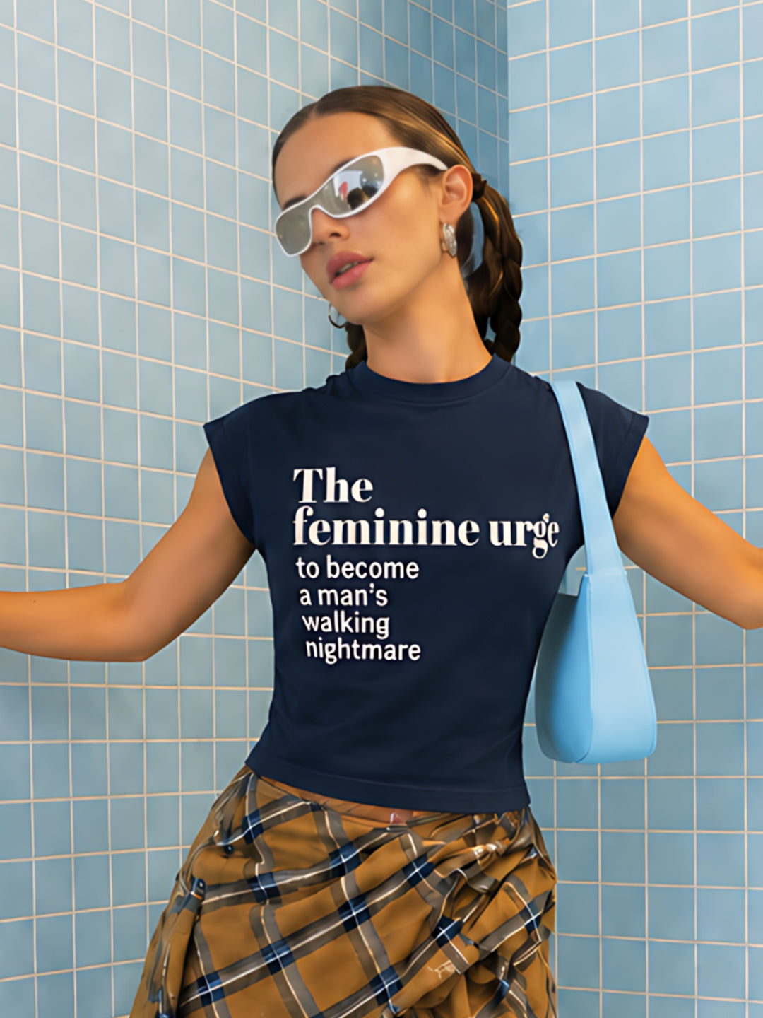Navy Typography Cap Sleeves Fitted T-shirt