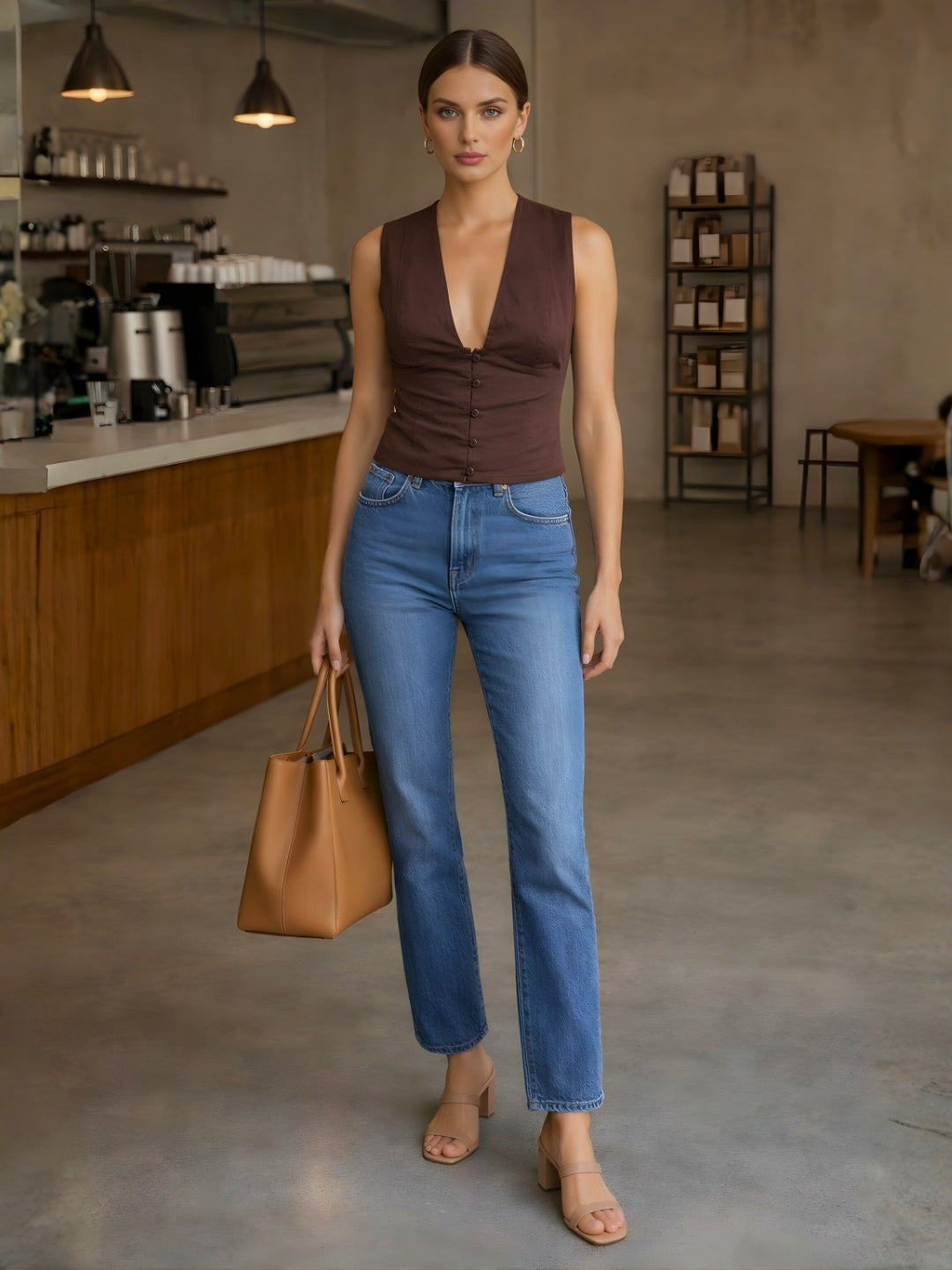 Brown Solid Sleeveless Top