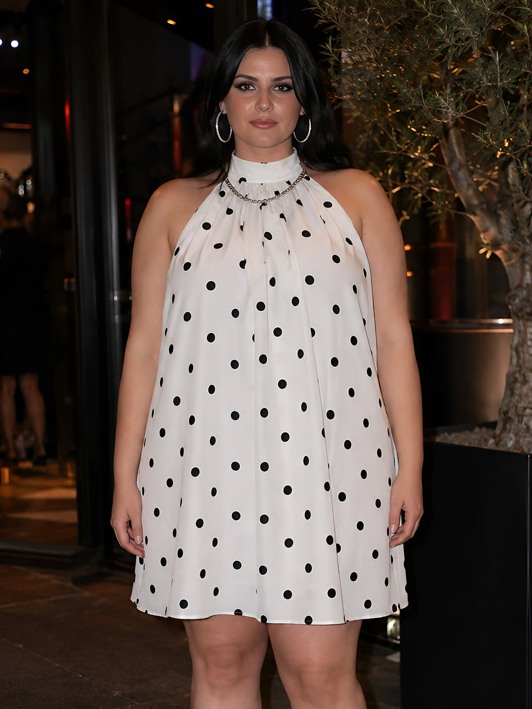 White Polka Dot Sleeveless Tie-Up Neck Fit And Flare Mini Dress