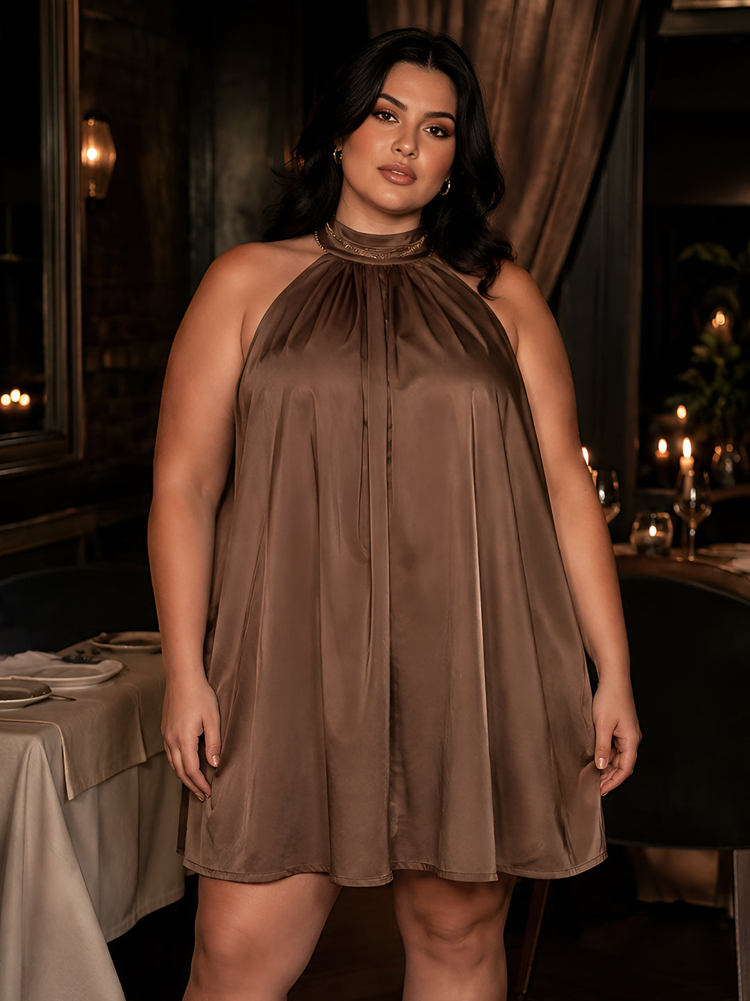 Brown Solid Sleeveless Tie-Up Neck Fit And Flare Mini Dress