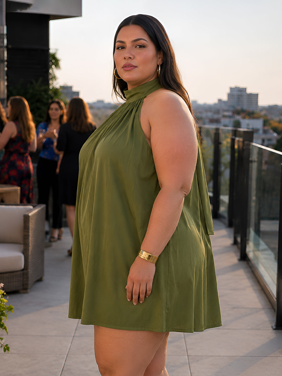 Olive Solid Sleeveless Tie-Up Neck Fit And Flare Mini Dress