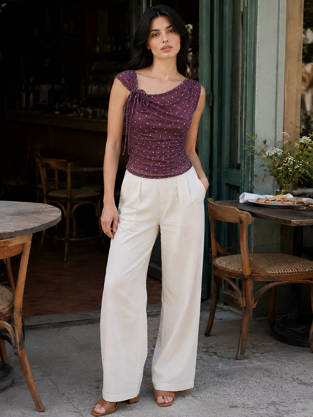 Brown Polka Dot Sleeveless Cowl Neck Fitted Top