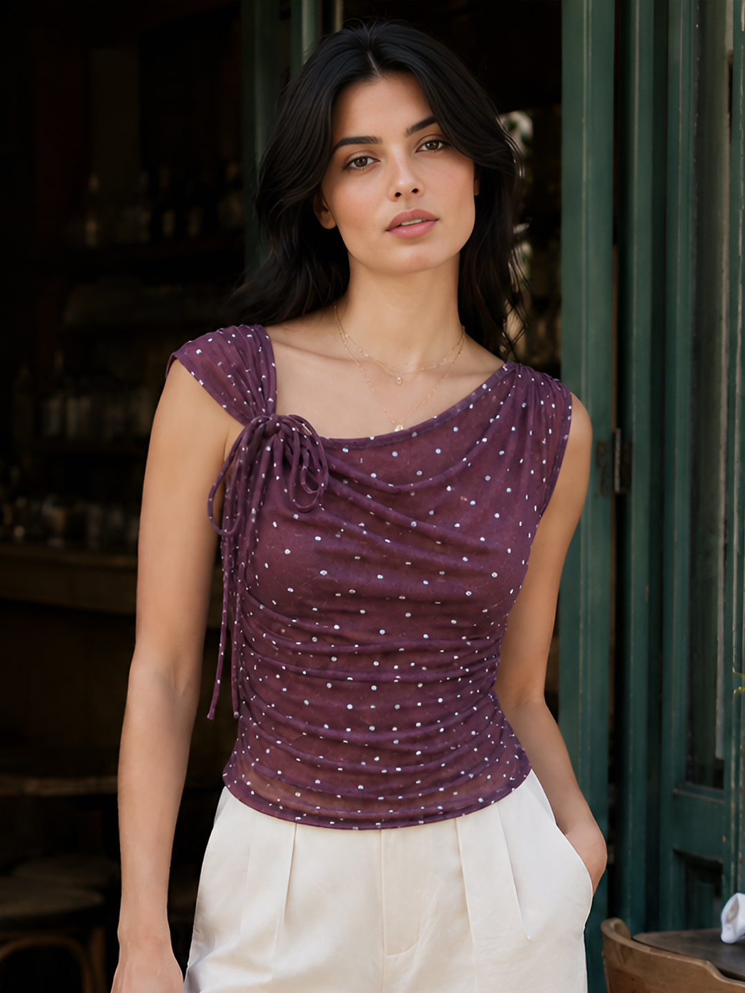 Brown Polka Dot Sleeveless Cowl Neck Fitted Top