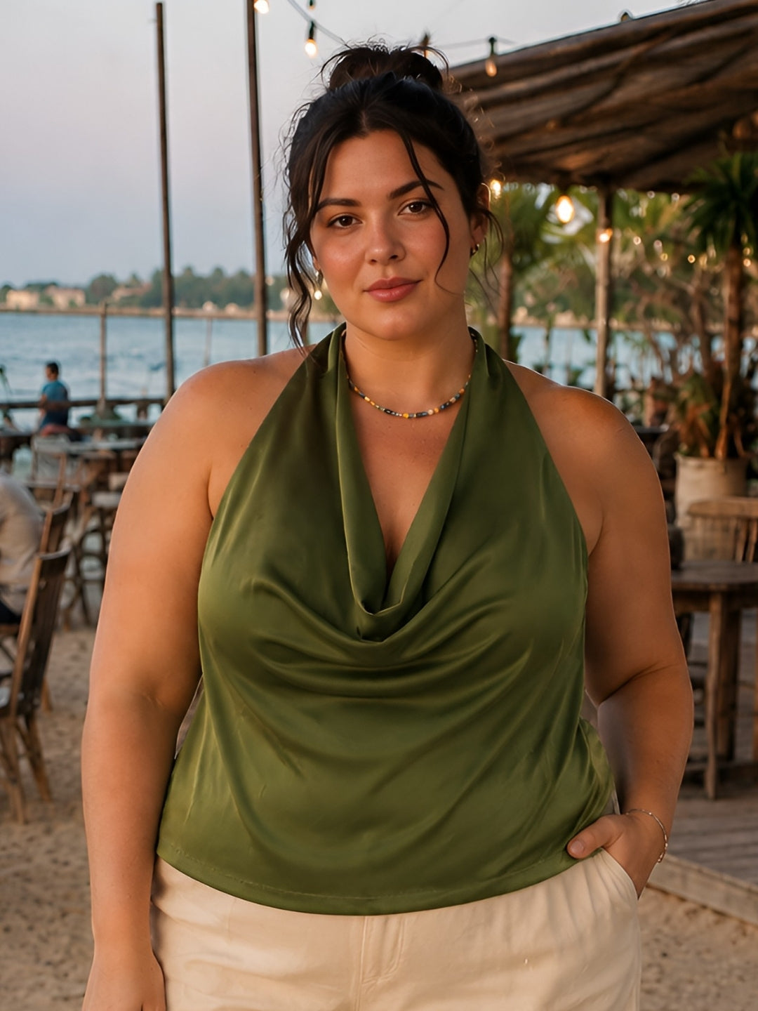 Olive Solid Sleeveless Cowl Neck Straight Top