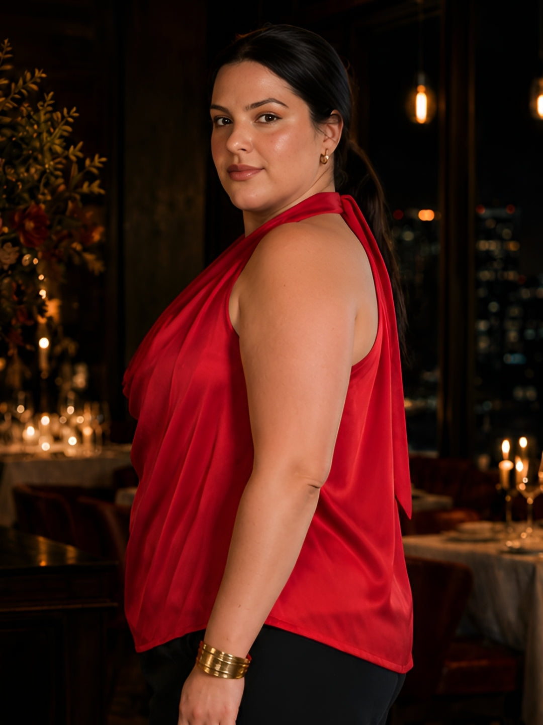 Red Solid Sleeveless Cowl Neck Straight Top