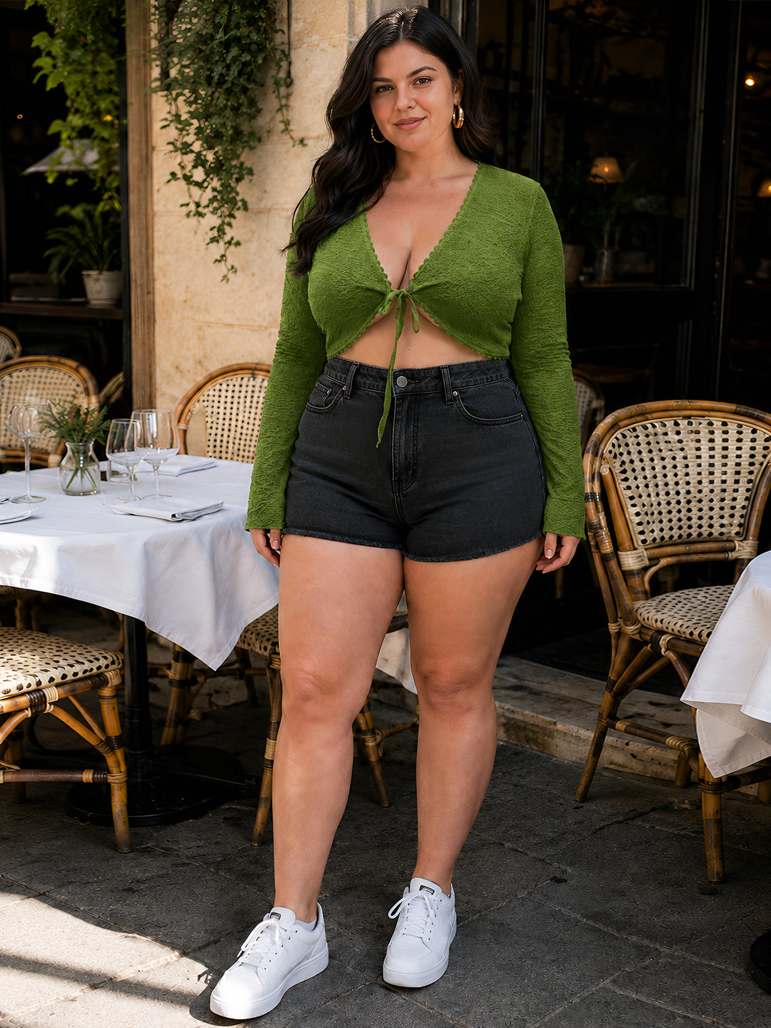 Olive Solid Long V-Neck Fitted Top