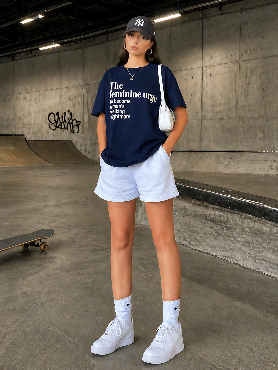 Navy Typography Drop Sleeves Oversized T-shirt