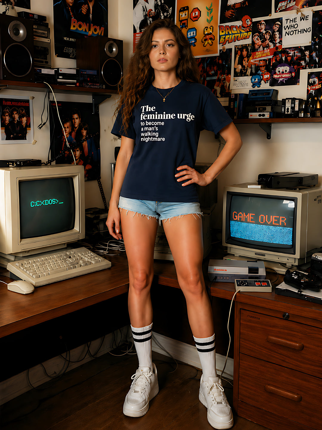 Navy Typography Straight Sleeves Regular T-shirt