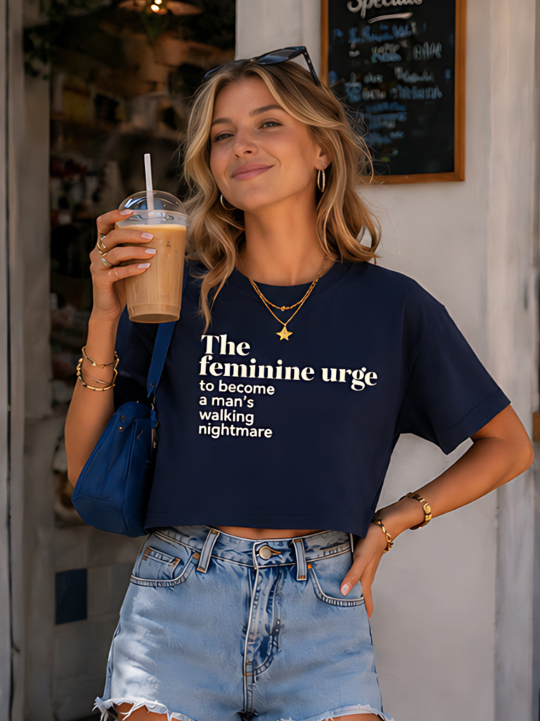 Navy Typography Drop Sleeves Boxy Crop T-shirt