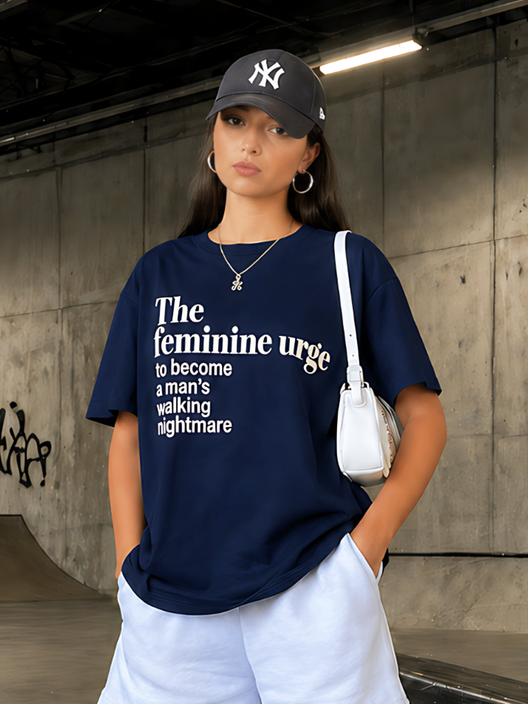 Navy Typography Drop Sleeves Oversized T-shirt