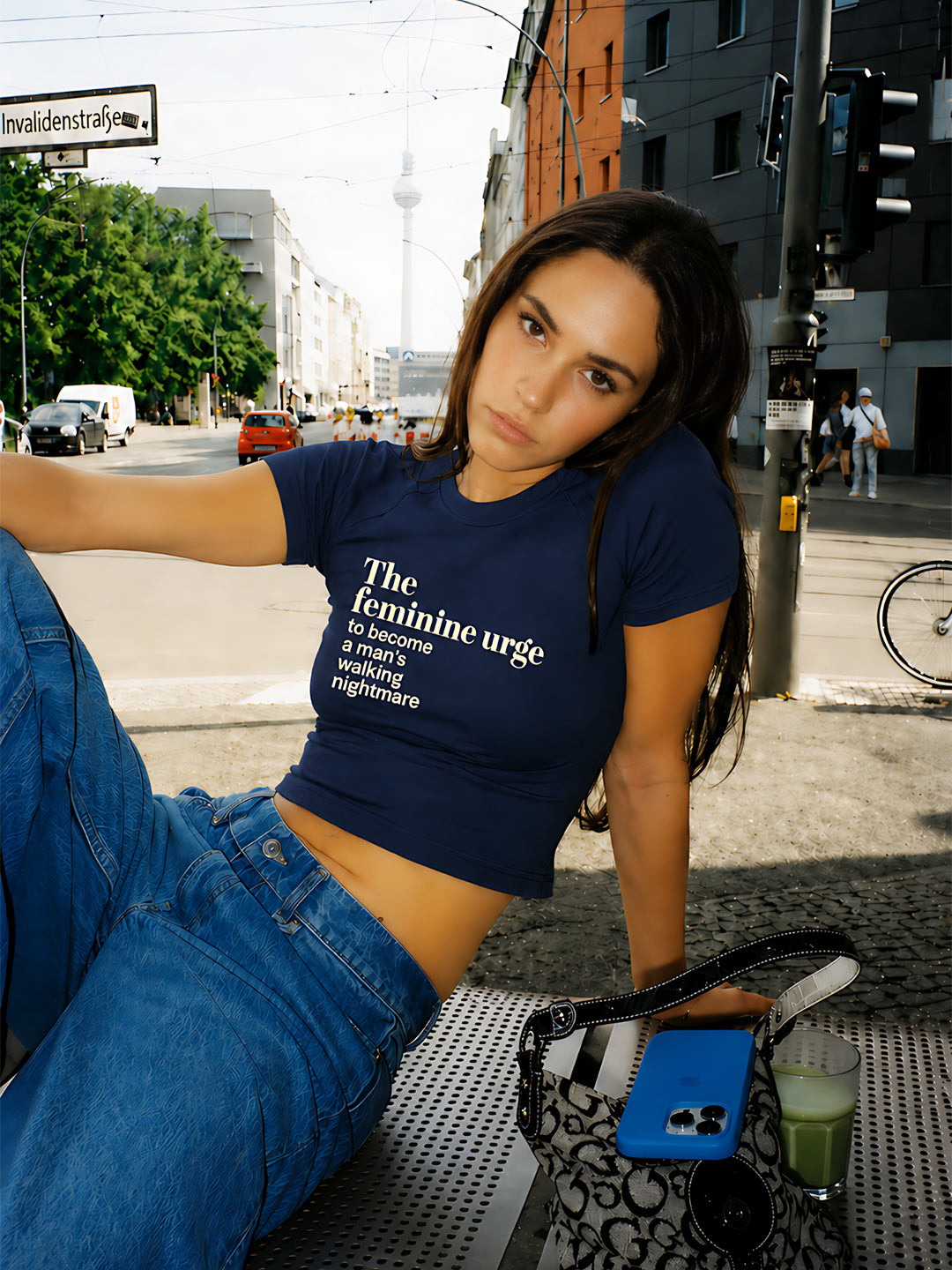 Navy Typography Raglan Sleeves T-shirt