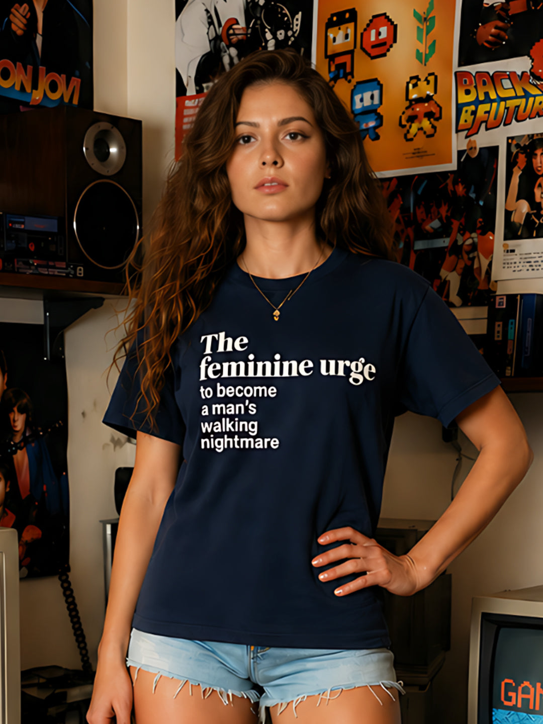 Navy Typography Straight Sleeves Regular T-shirt