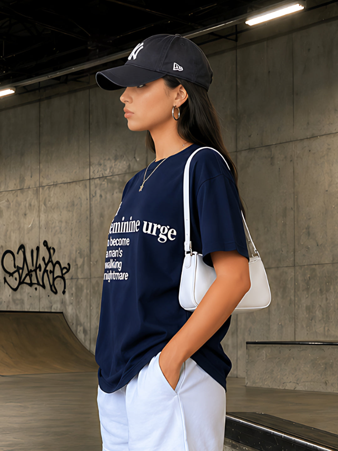 Navy Typography Drop Sleeves Oversized T-shirt
