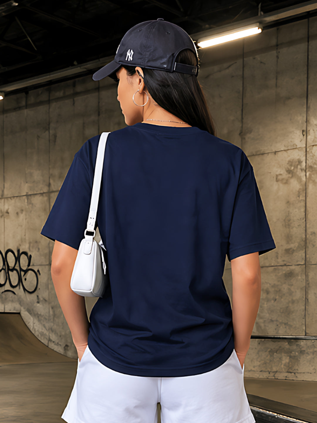 Navy Typography Drop Sleeves Oversized T-shirt