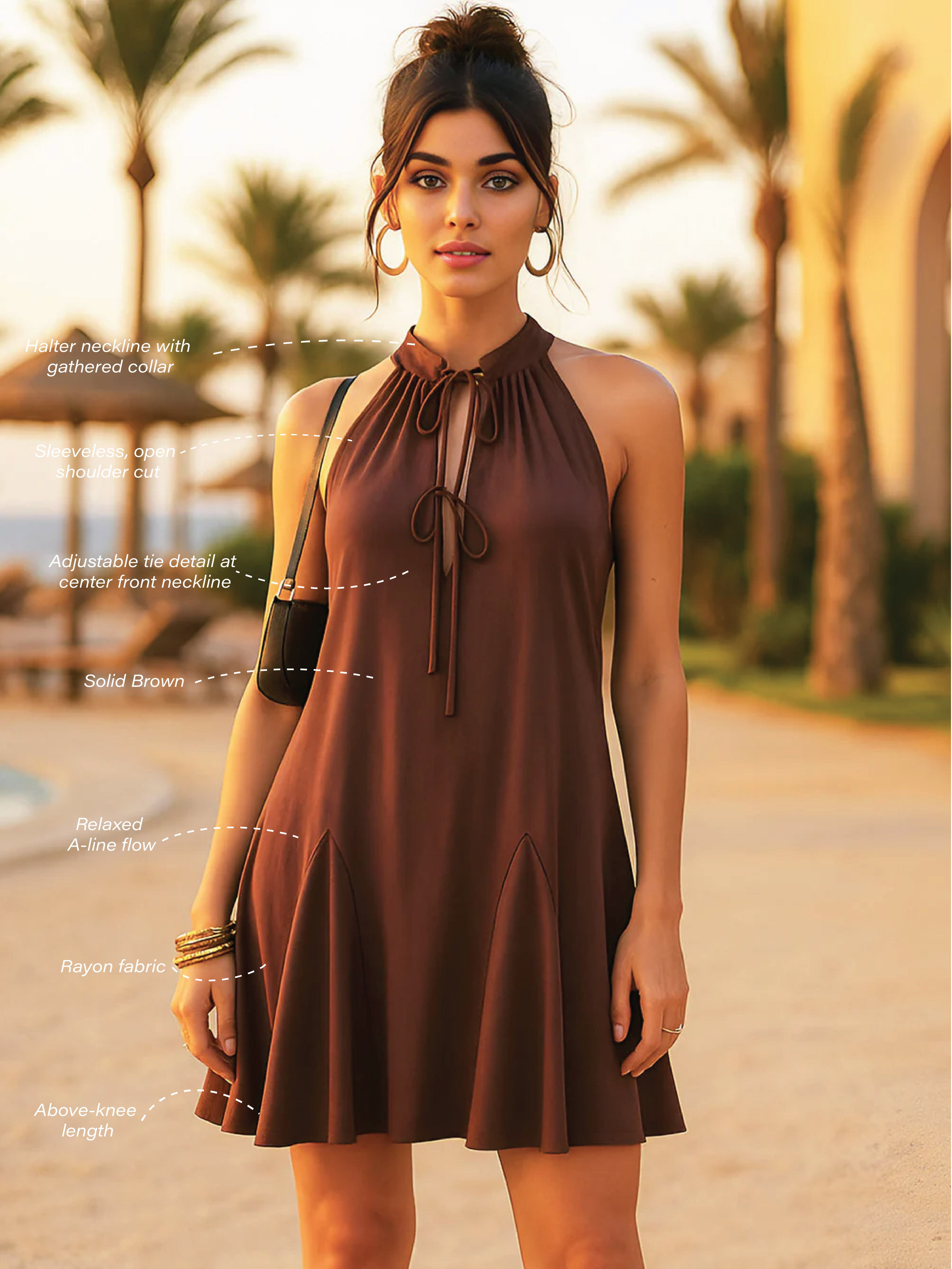 Brown Solid Sleeveless Mini Dress