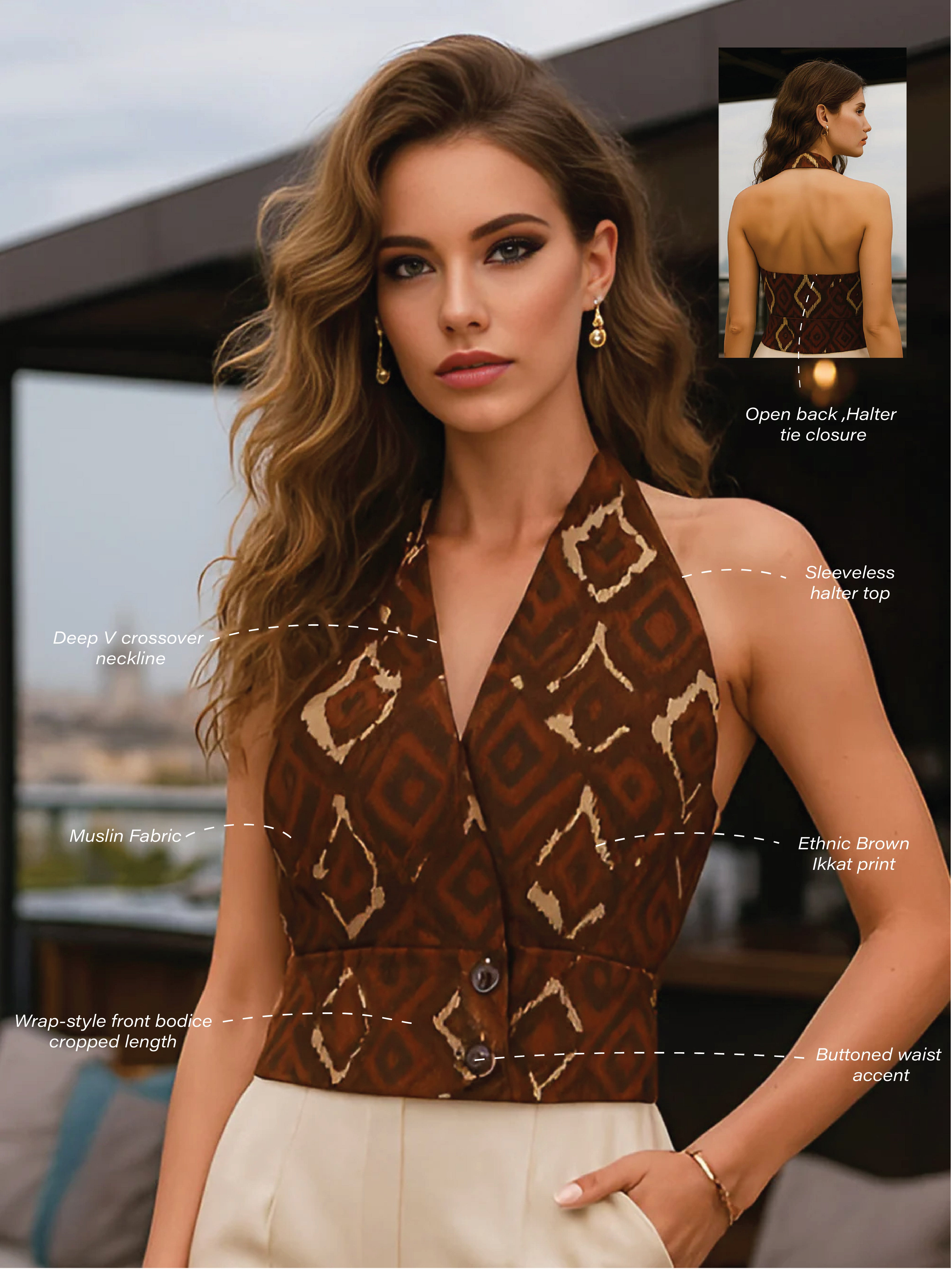 Brown Ethnic Motif Sleeveless Top