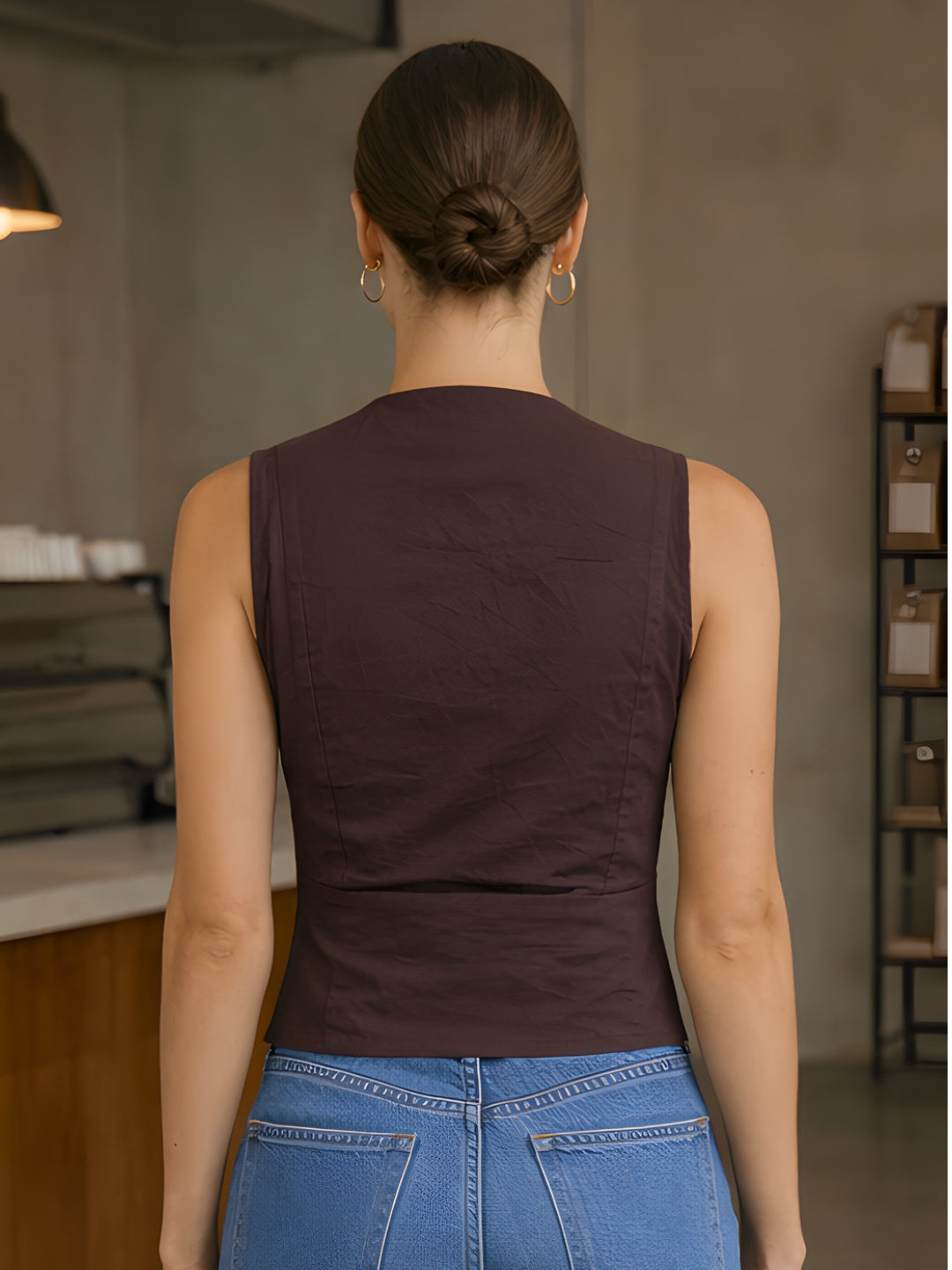 Brown Solid Sleeveless Top