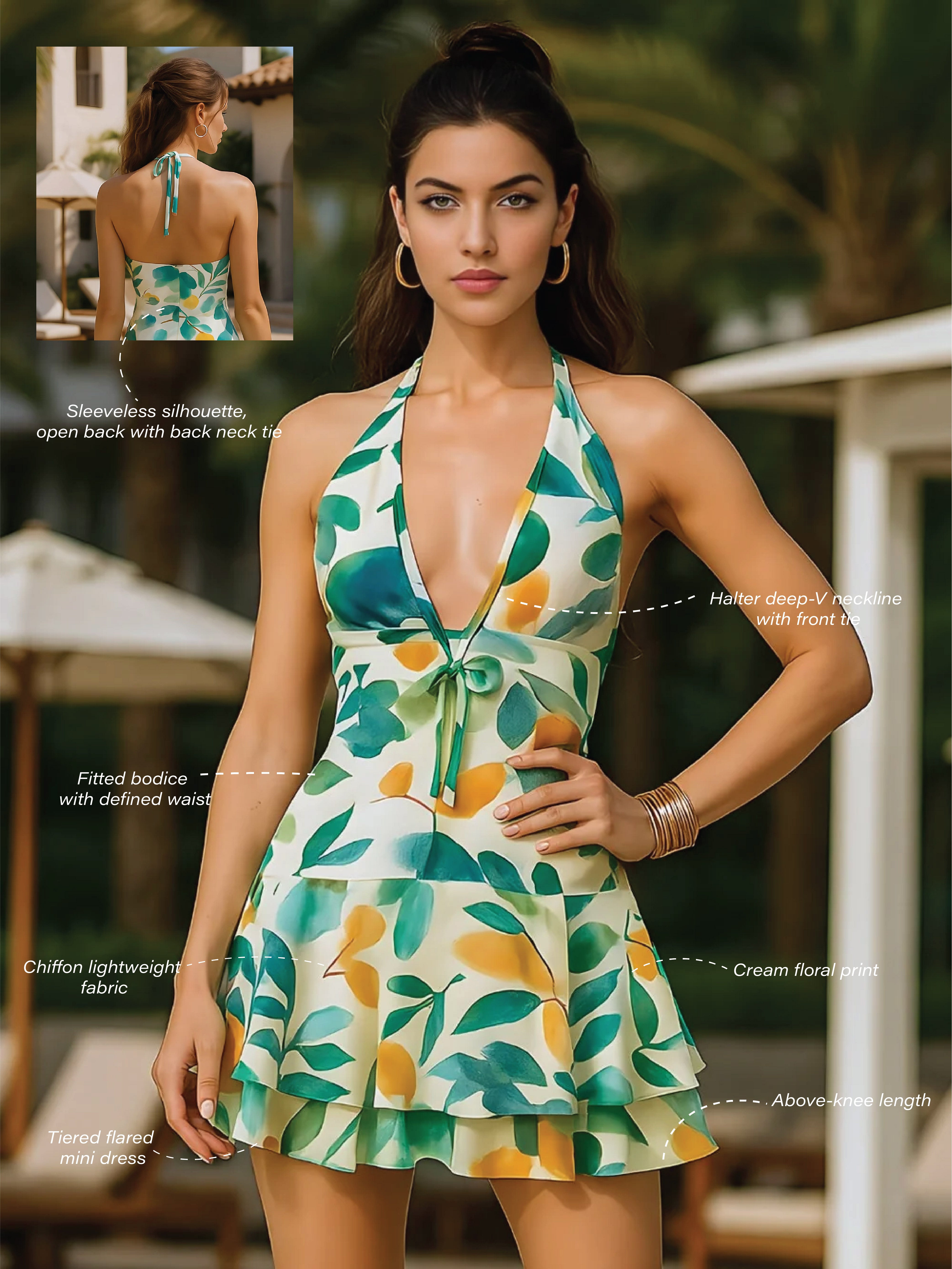 Cream Floral Shoulder Straps Mini Dress