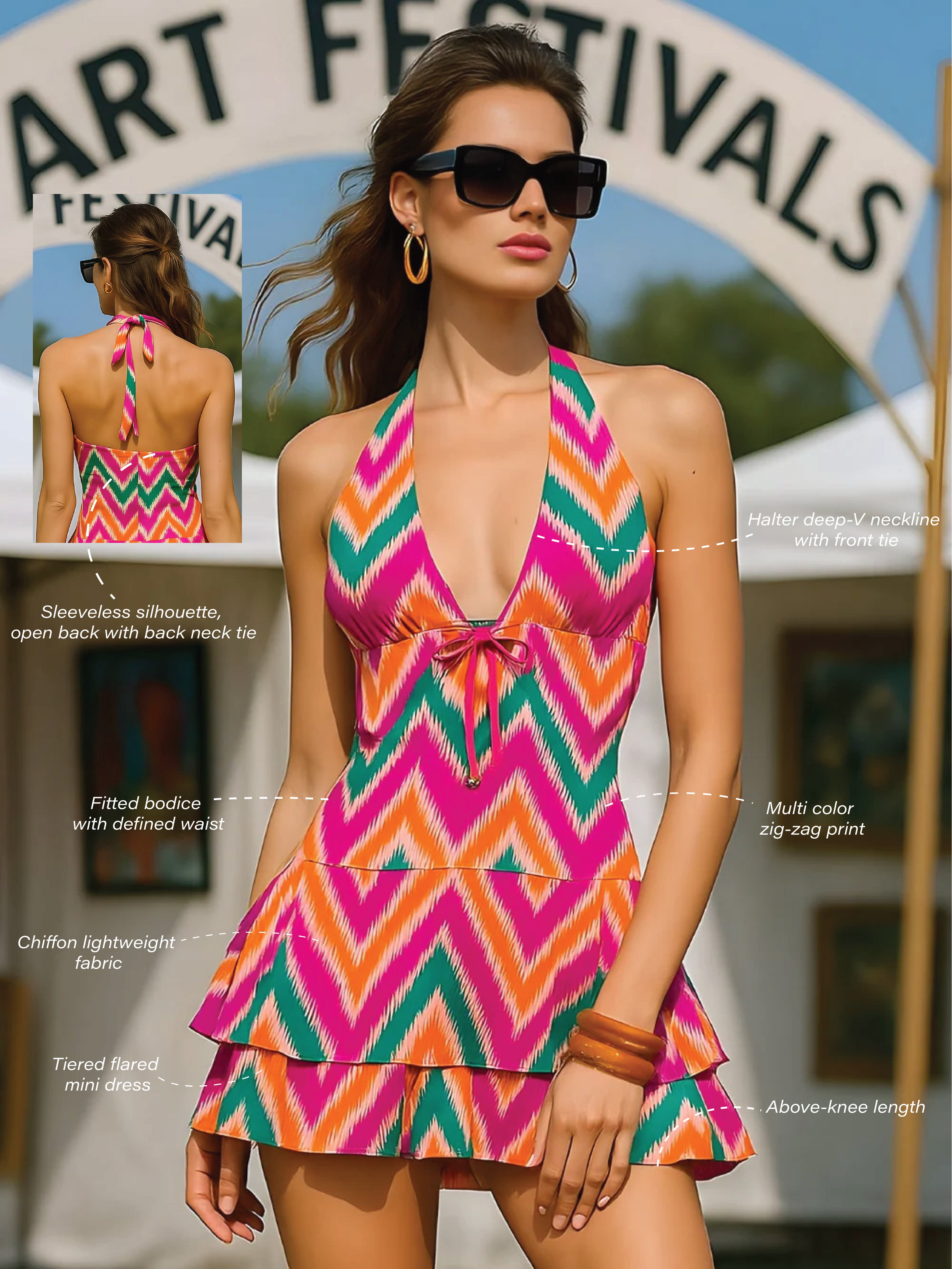 Pink Zig Zag Shoulder Straps Mini Dress