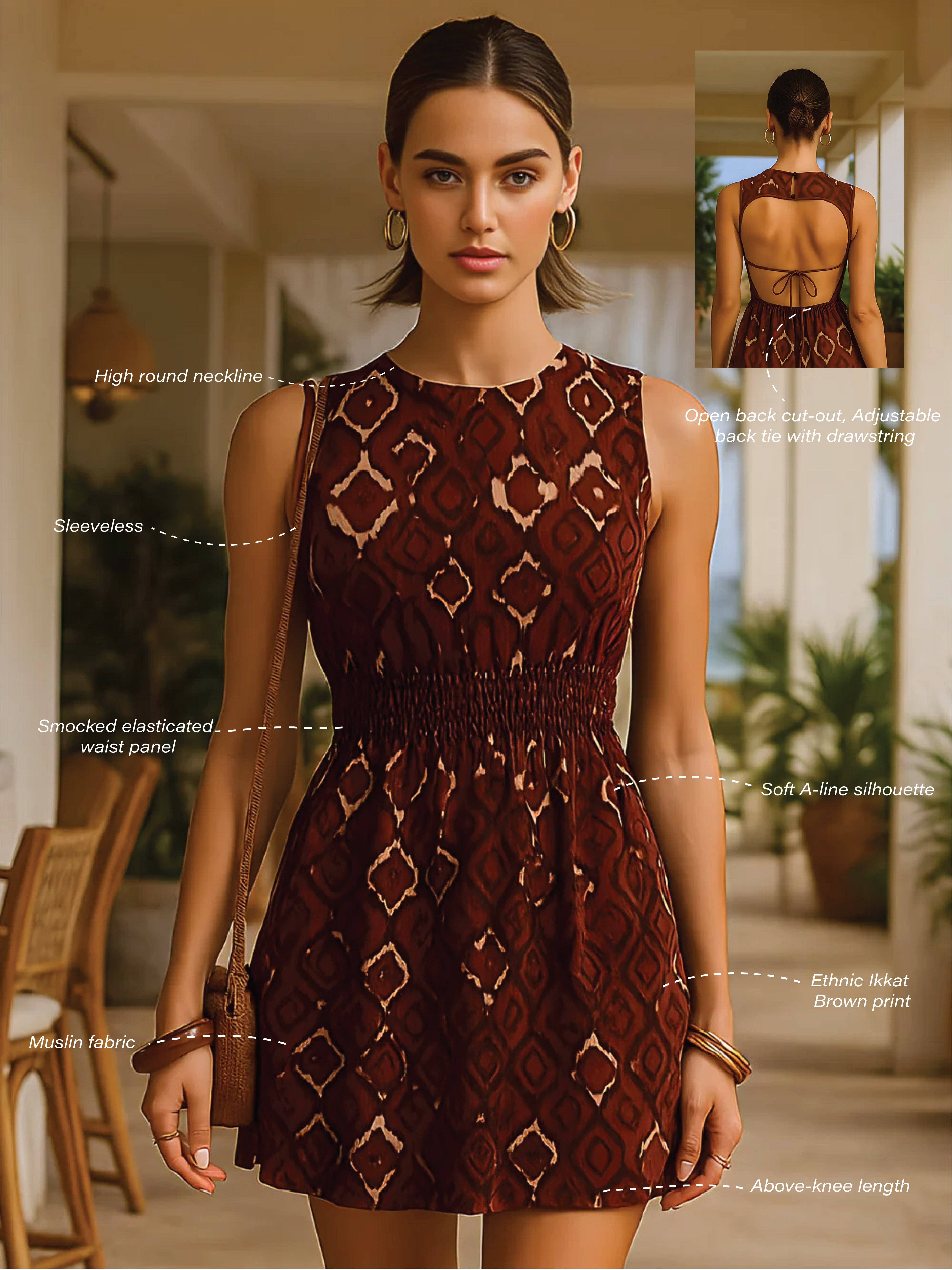 Brown Ethnic Motif Sleeveless Mini Dress