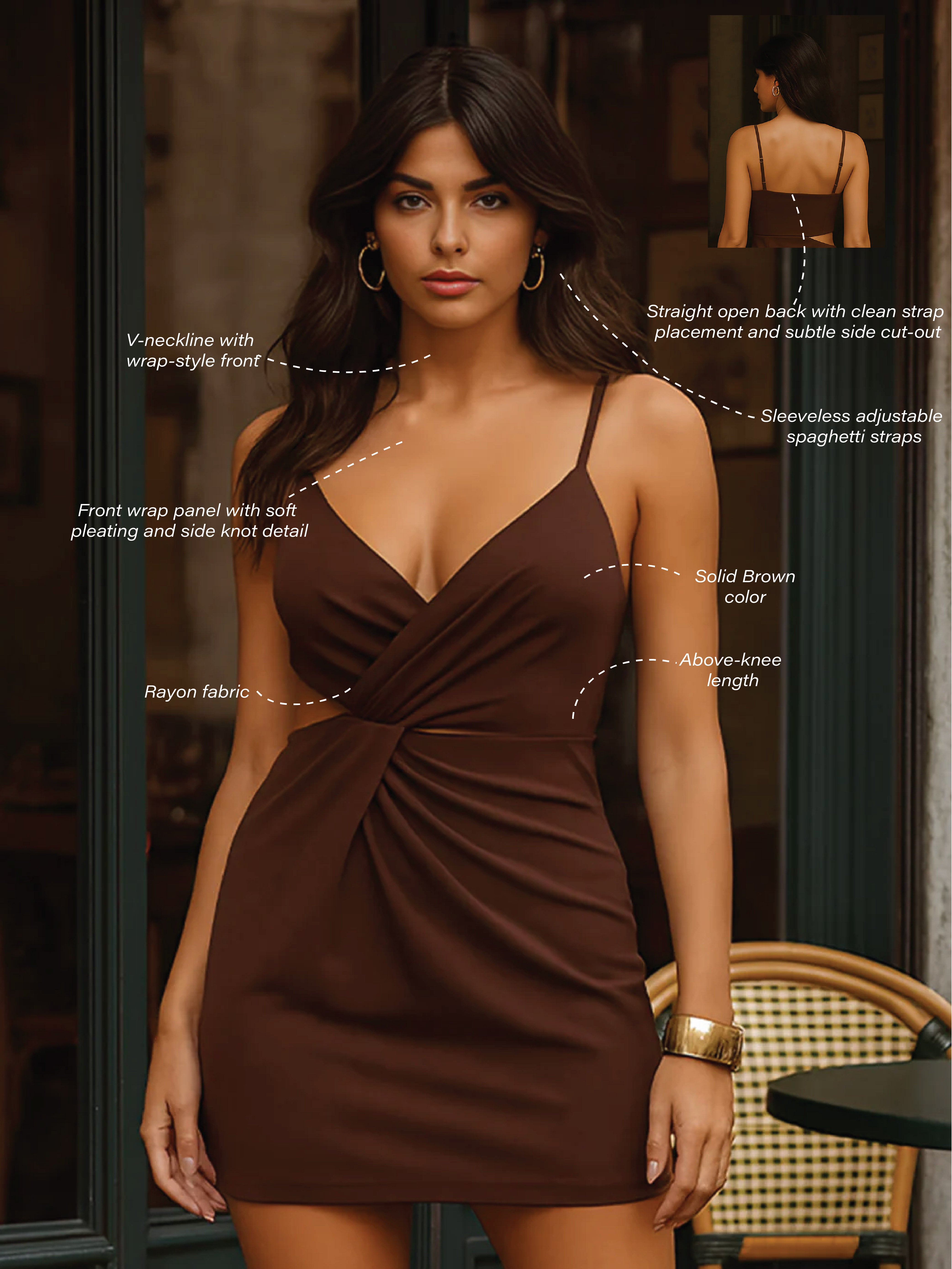 Brown Solid Shoulder Straps Mini Dress