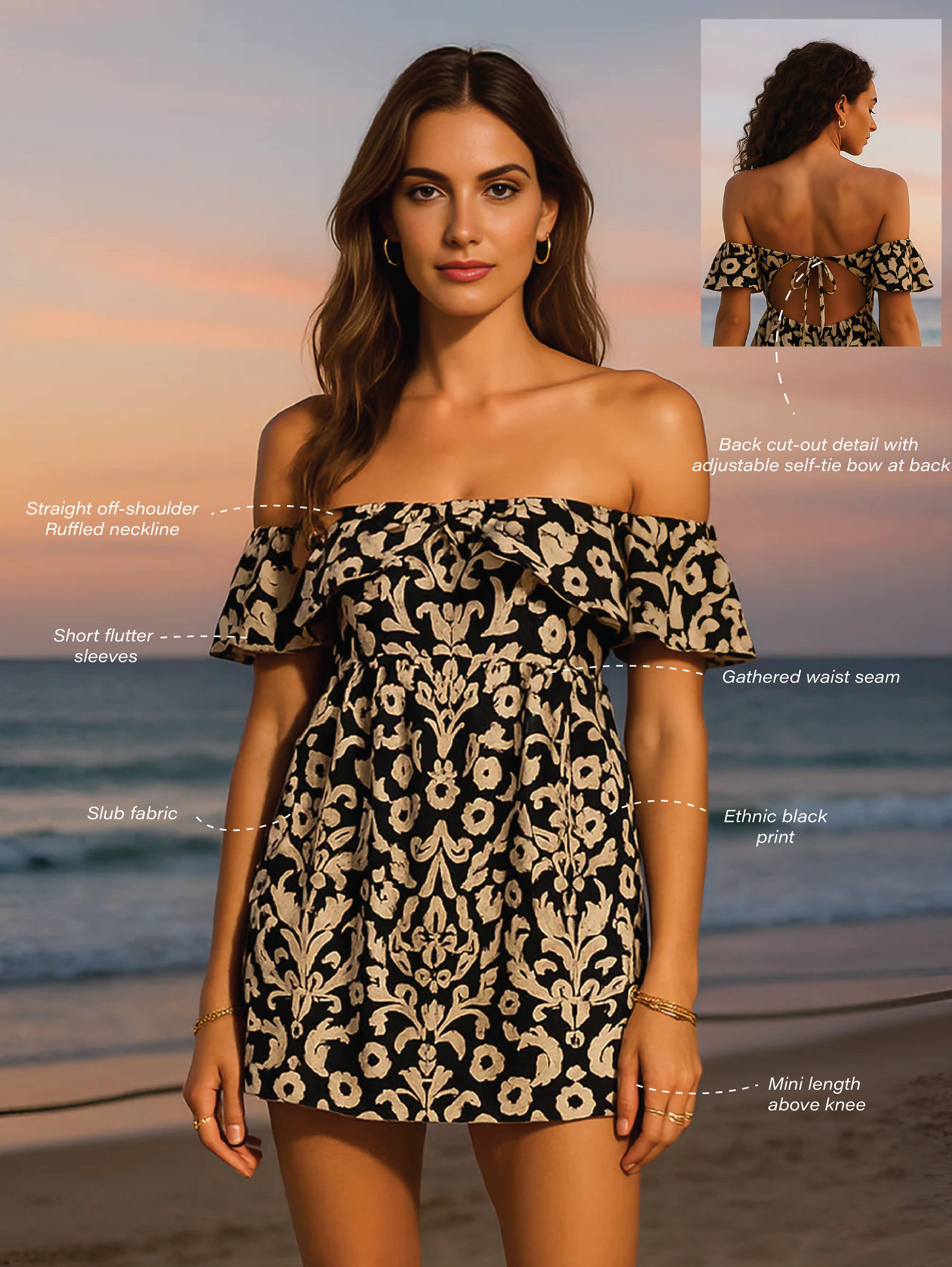 Black Ethnic Motifs Short Sleeves Mini Dress