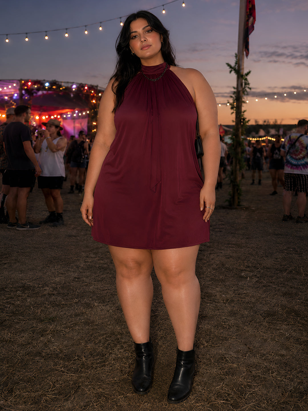 Maroon Solid Sleeveless Tie-Up Neck Fit And Flare Mini Dress