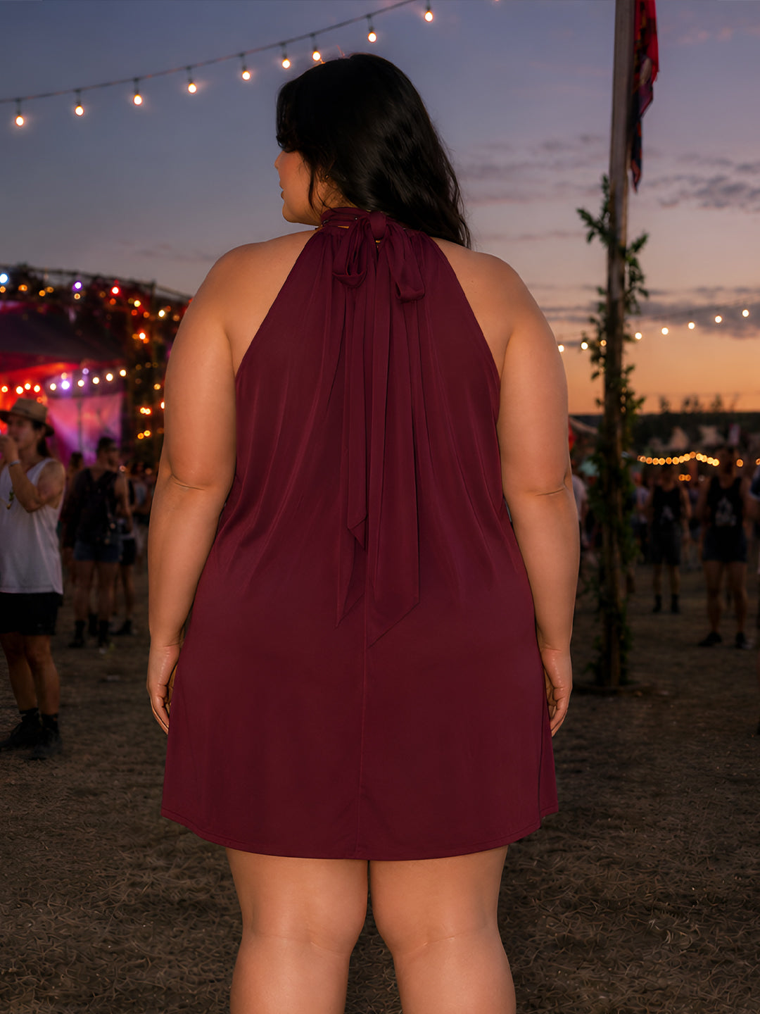 Maroon Solid Sleeveless Tie-Up Neck Fit And Flare Mini Dress
