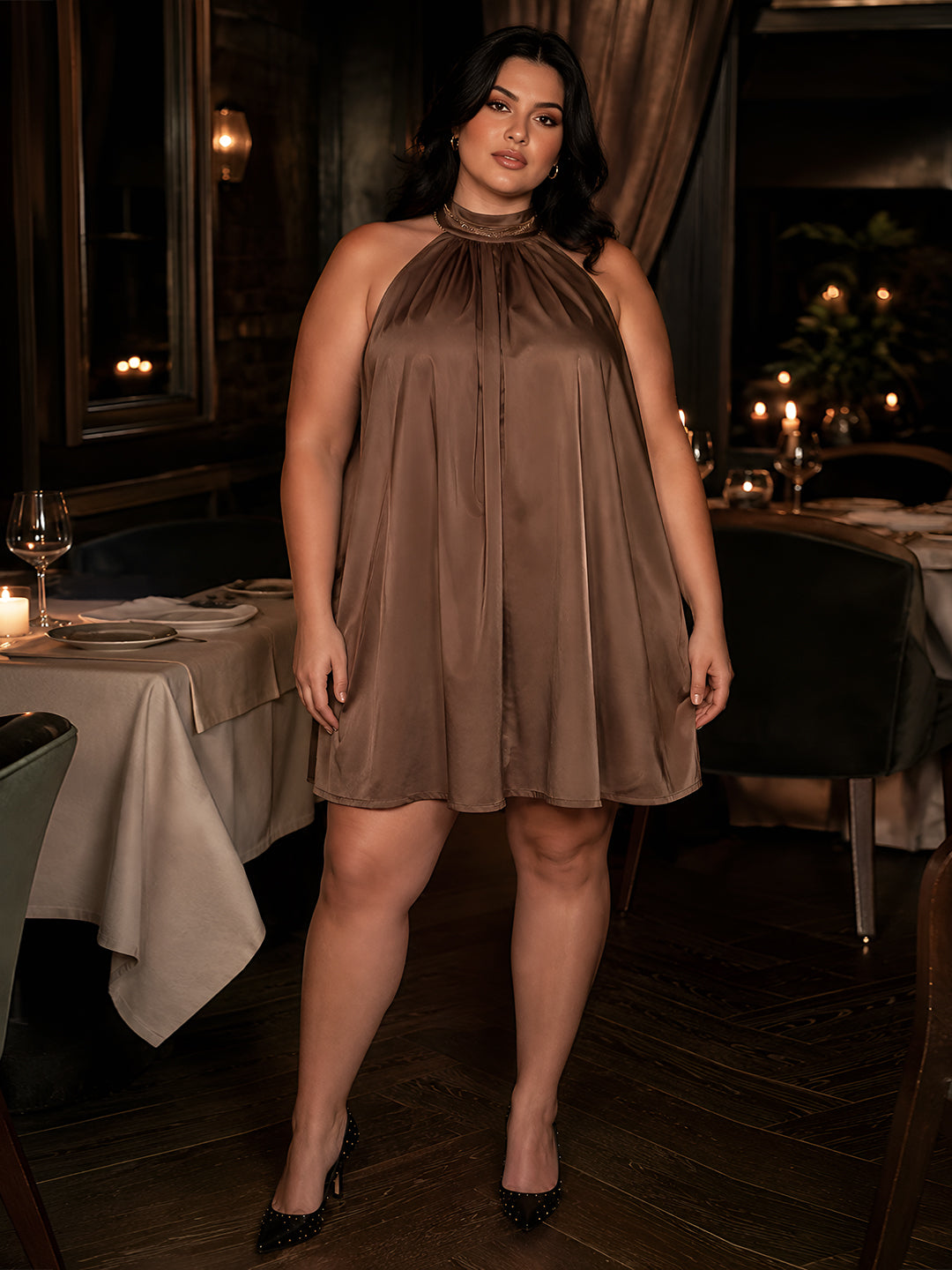 Brown Solid Sleeveless Tie-Up Neck Fit And Flare Mini Dress