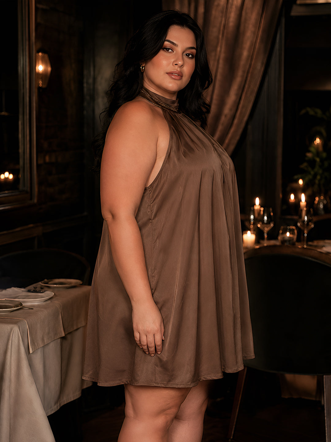 Brown Solid Sleeveless Tie-Up Neck Fit And Flare Mini Dress
