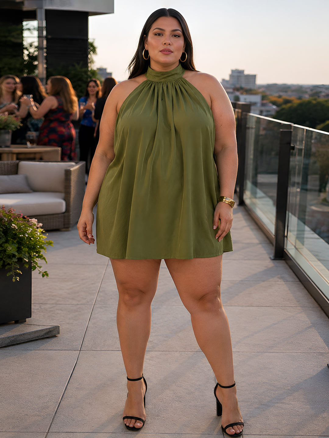 Olive Solid Sleeveless Tie-Up Neck Fit And Flare Mini Dress