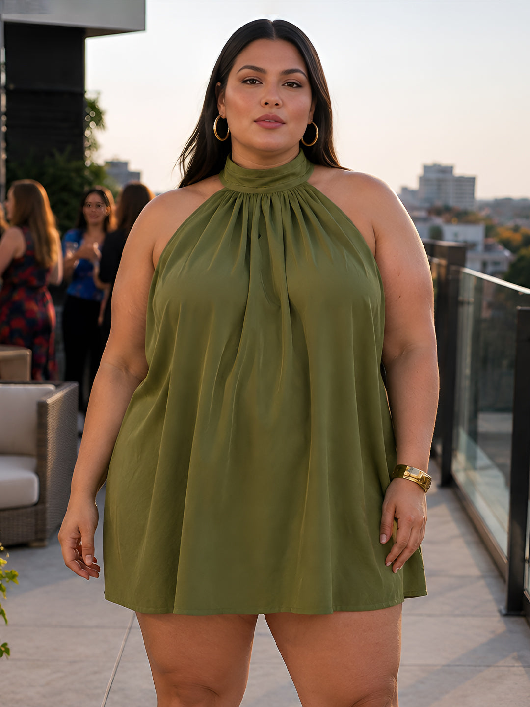 Olive Solid Sleeveless Tie-Up Neck Fit And Flare Mini Dress