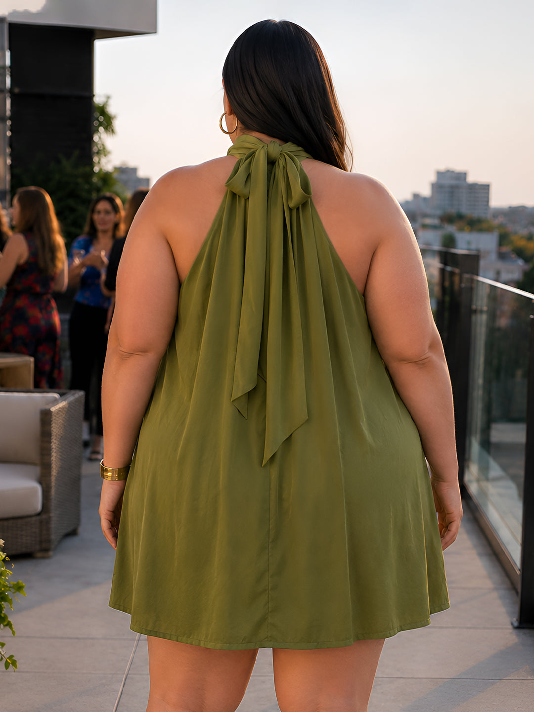 Olive Solid Sleeveless Tie-Up Neck Fit And Flare Mini Dress