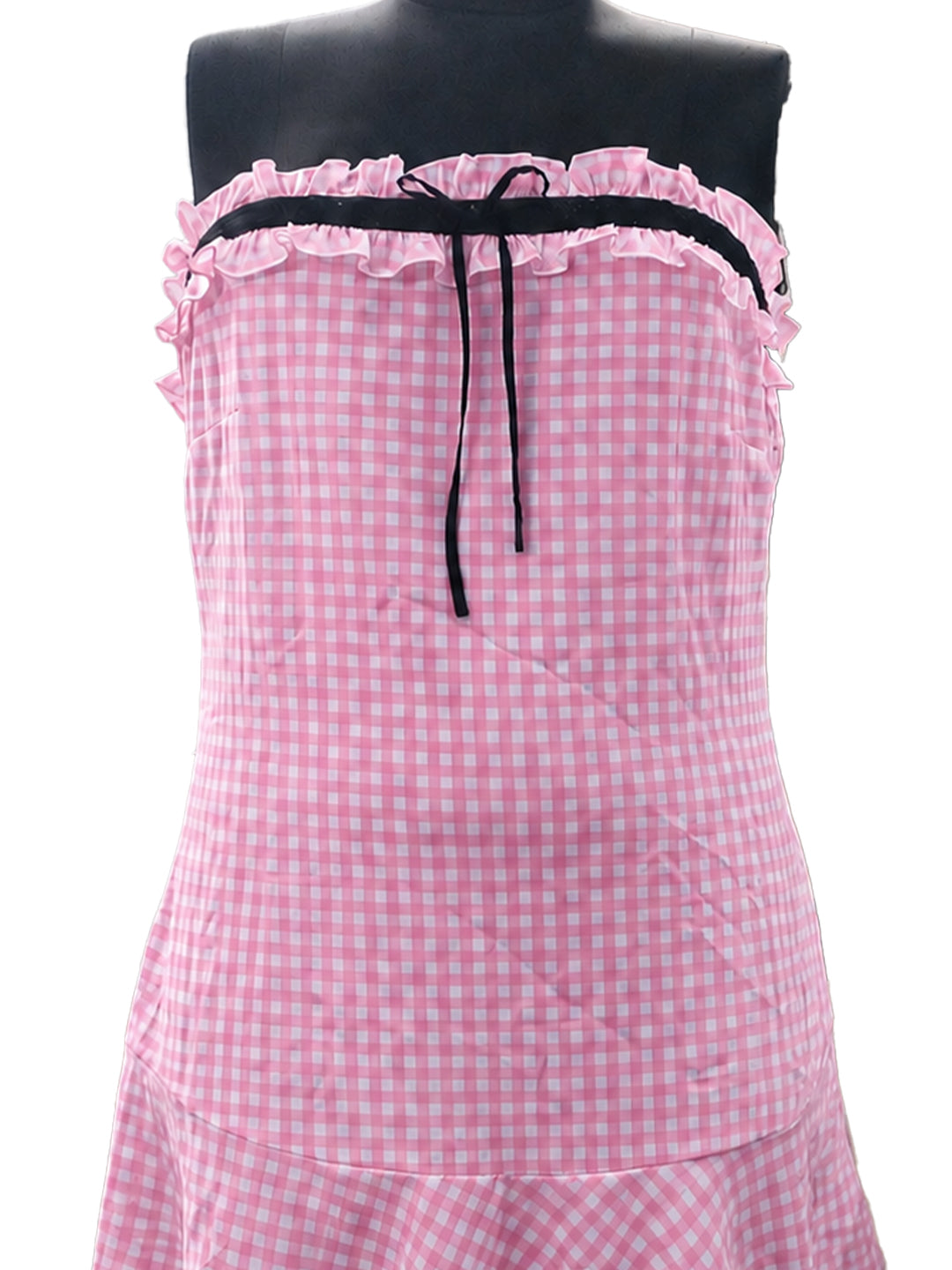 Pink Checks Sleeveless Off-Shoulder Fit And Flare Mini Dress