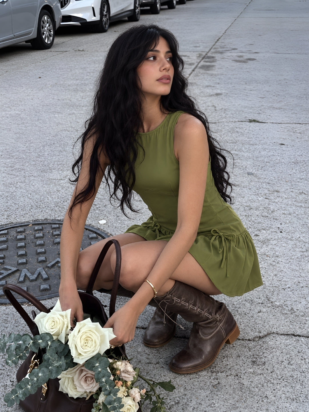 Olive Solid Sleeveless Sleeveless Round Neck Fit And Flare Mini Dress