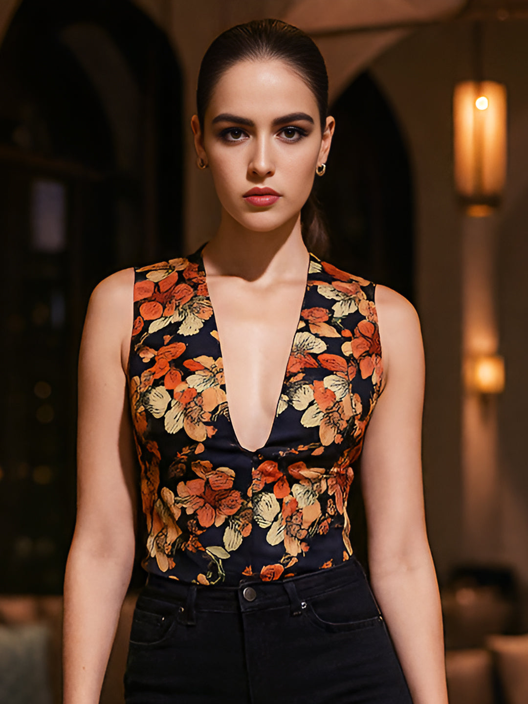 Black Floral Sleeveless Top