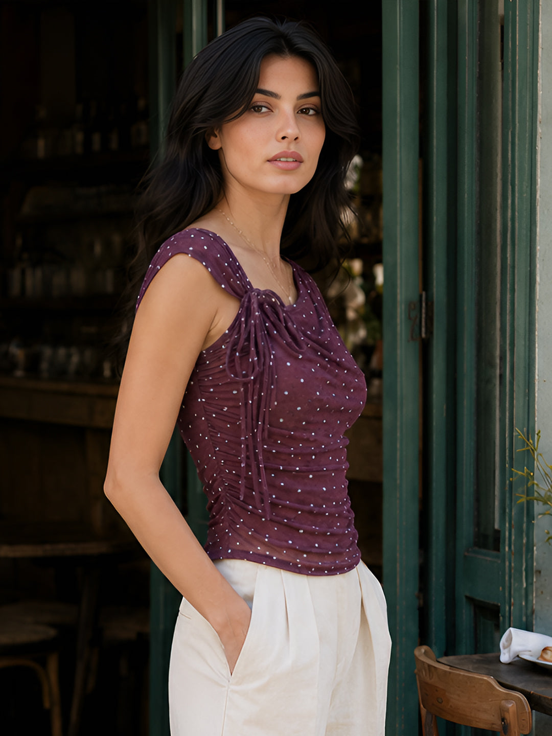 Brown Polka Dot Sleeveless Cowl Neck Fitted Top