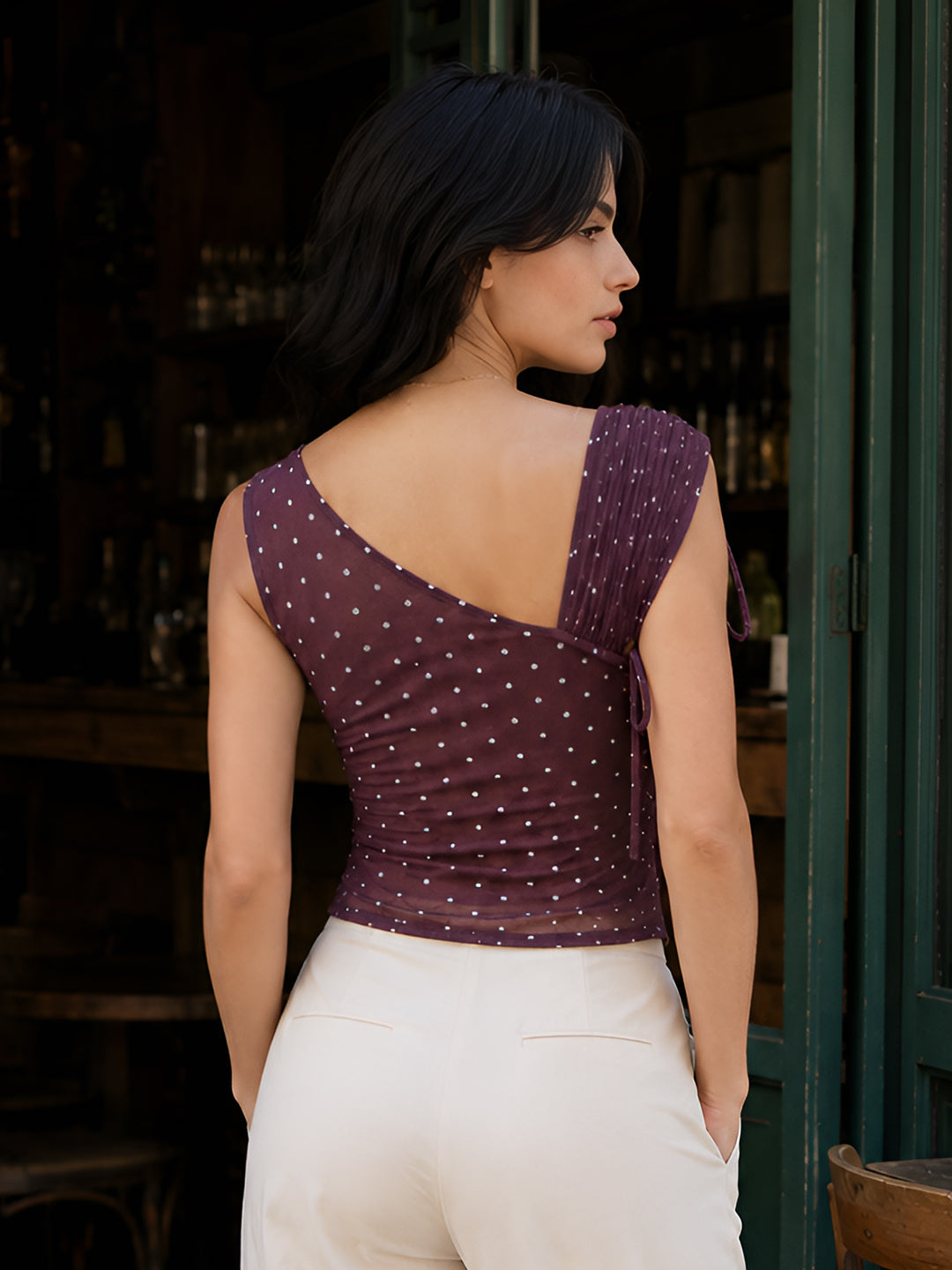 Brown Polka Dot Sleeveless Cowl Neck Fitted Top
