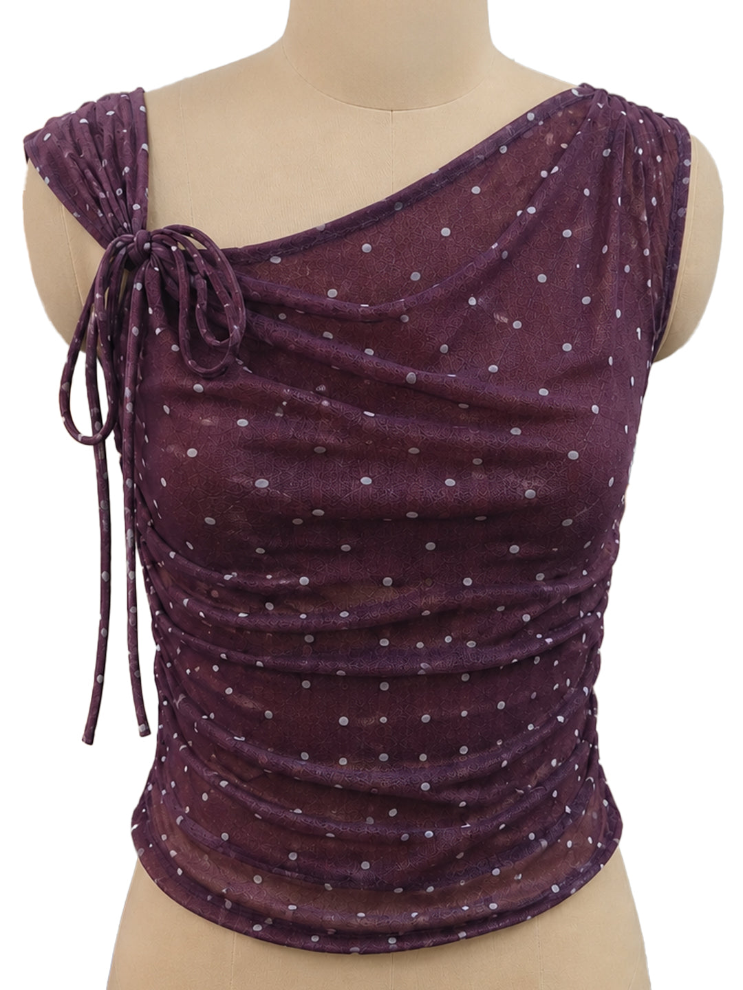 Brown Polka Dot Sleeveless Cowl Neck Fitted Top