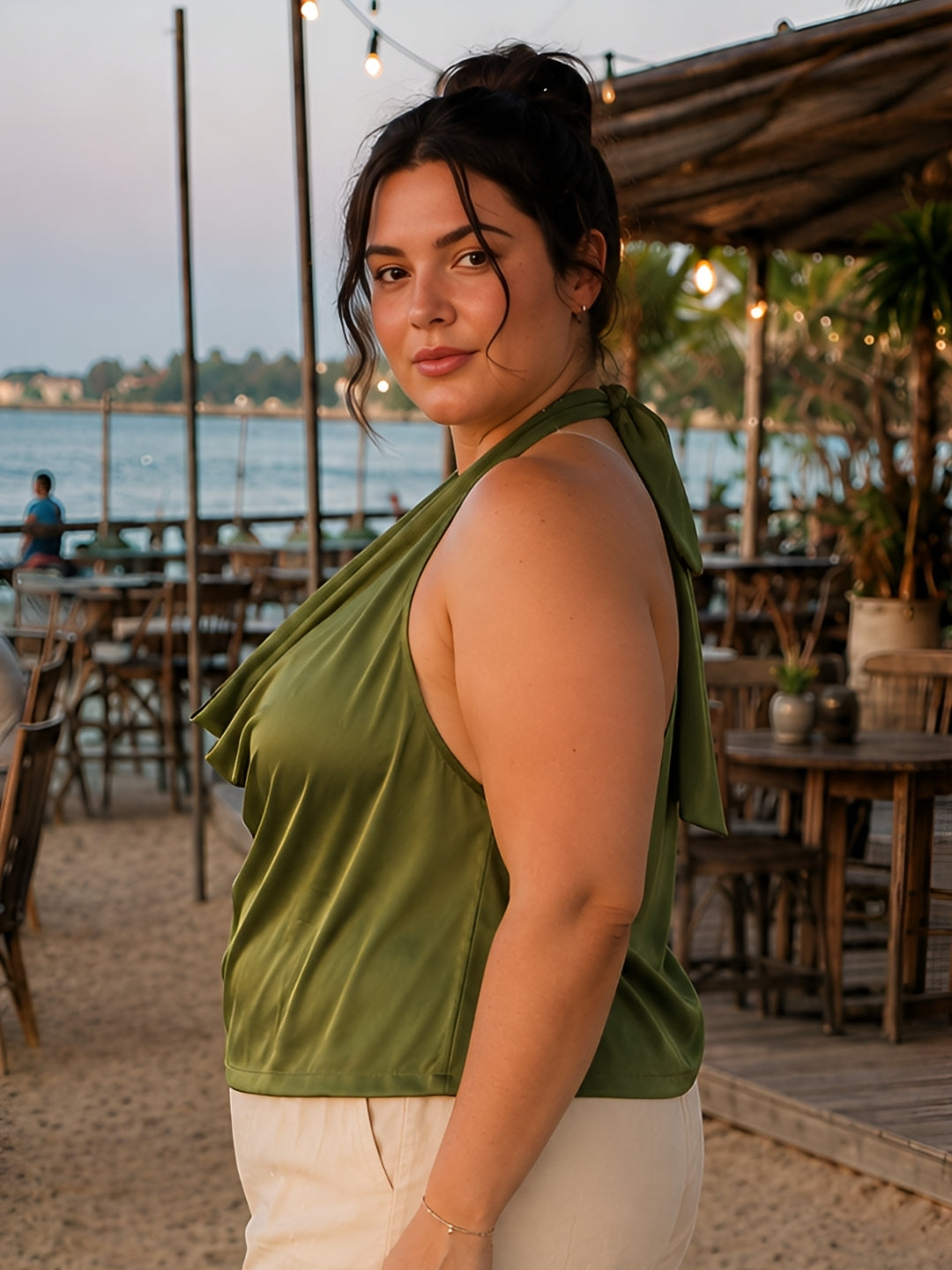 Olive Solid Sleeveless Cowl Neck Straight Top