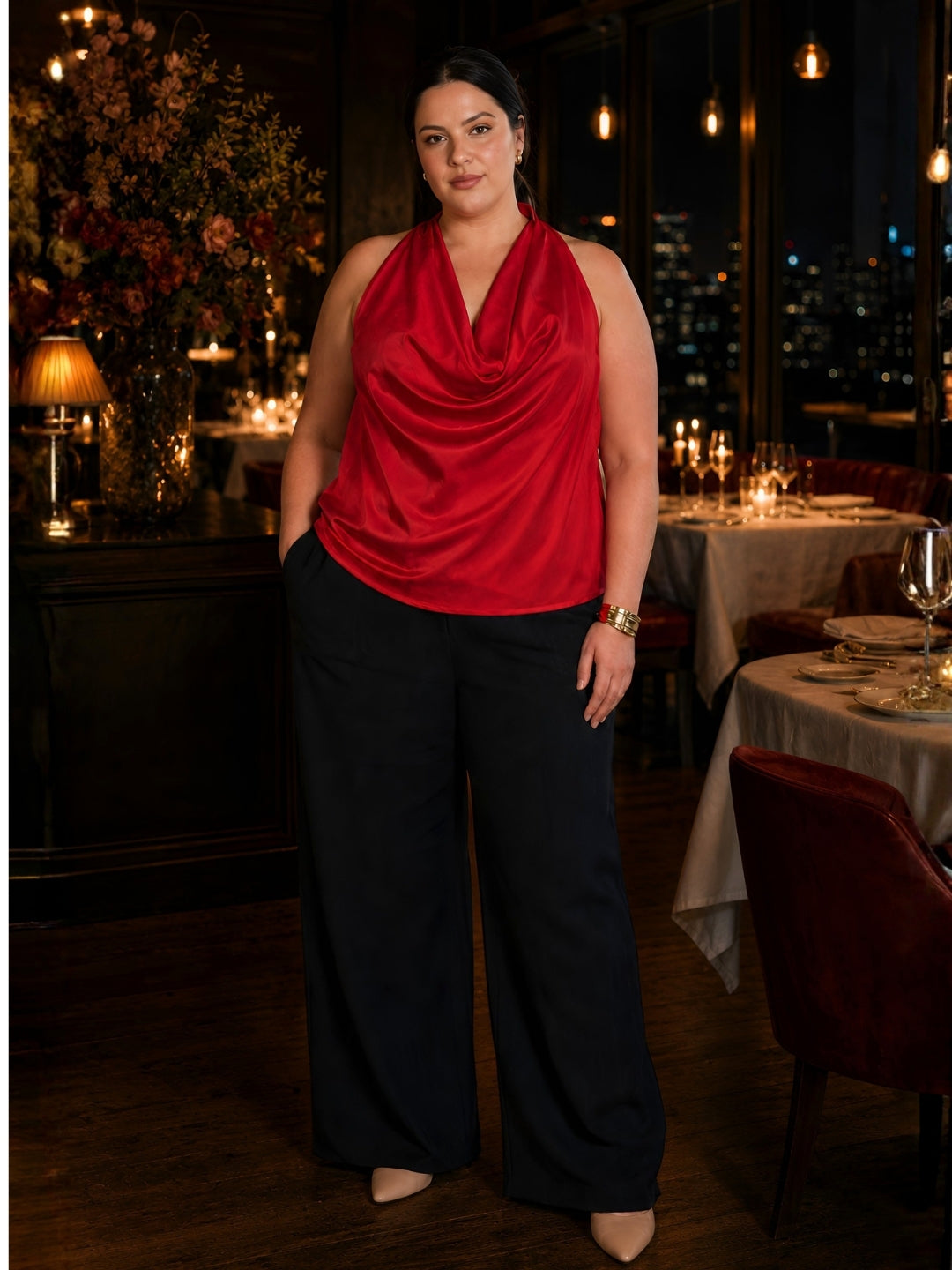 Red Solid Sleeveless Cowl Neck Straight Top