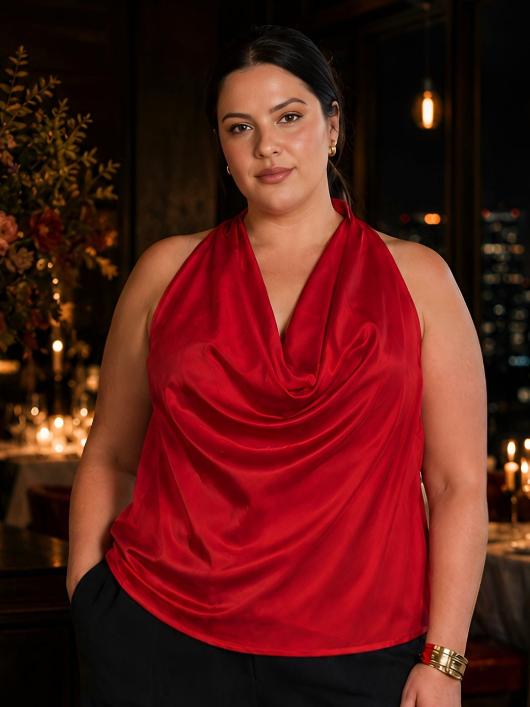 Red Solid Sleeveless Cowl Neck Straight Top