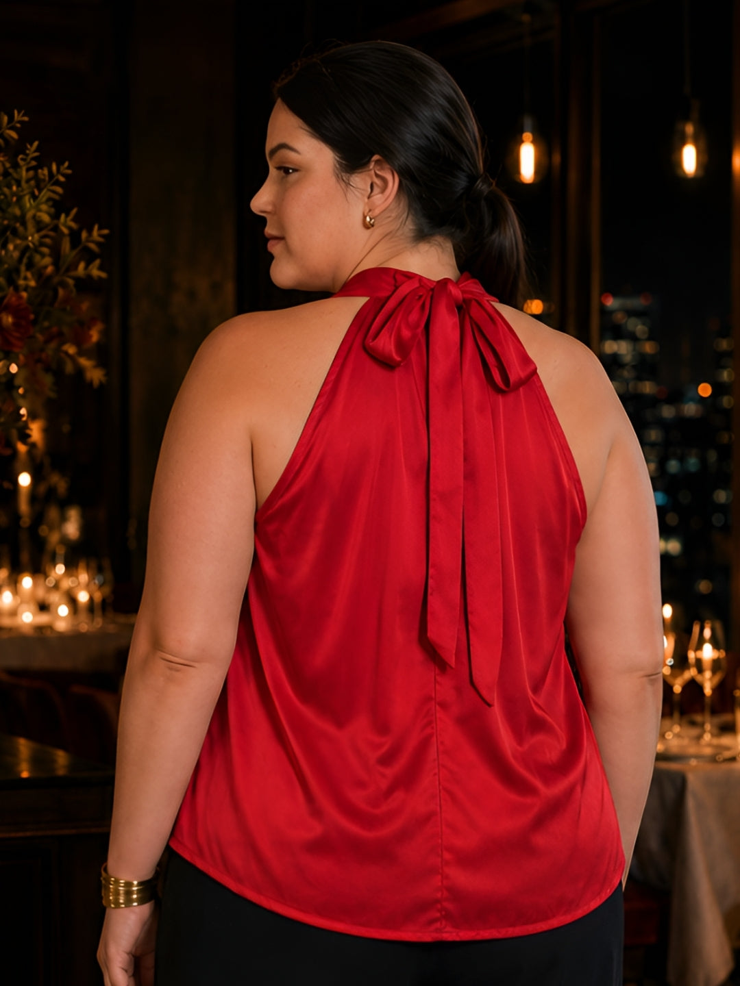 Red Solid Sleeveless Cowl Neck Straight Top