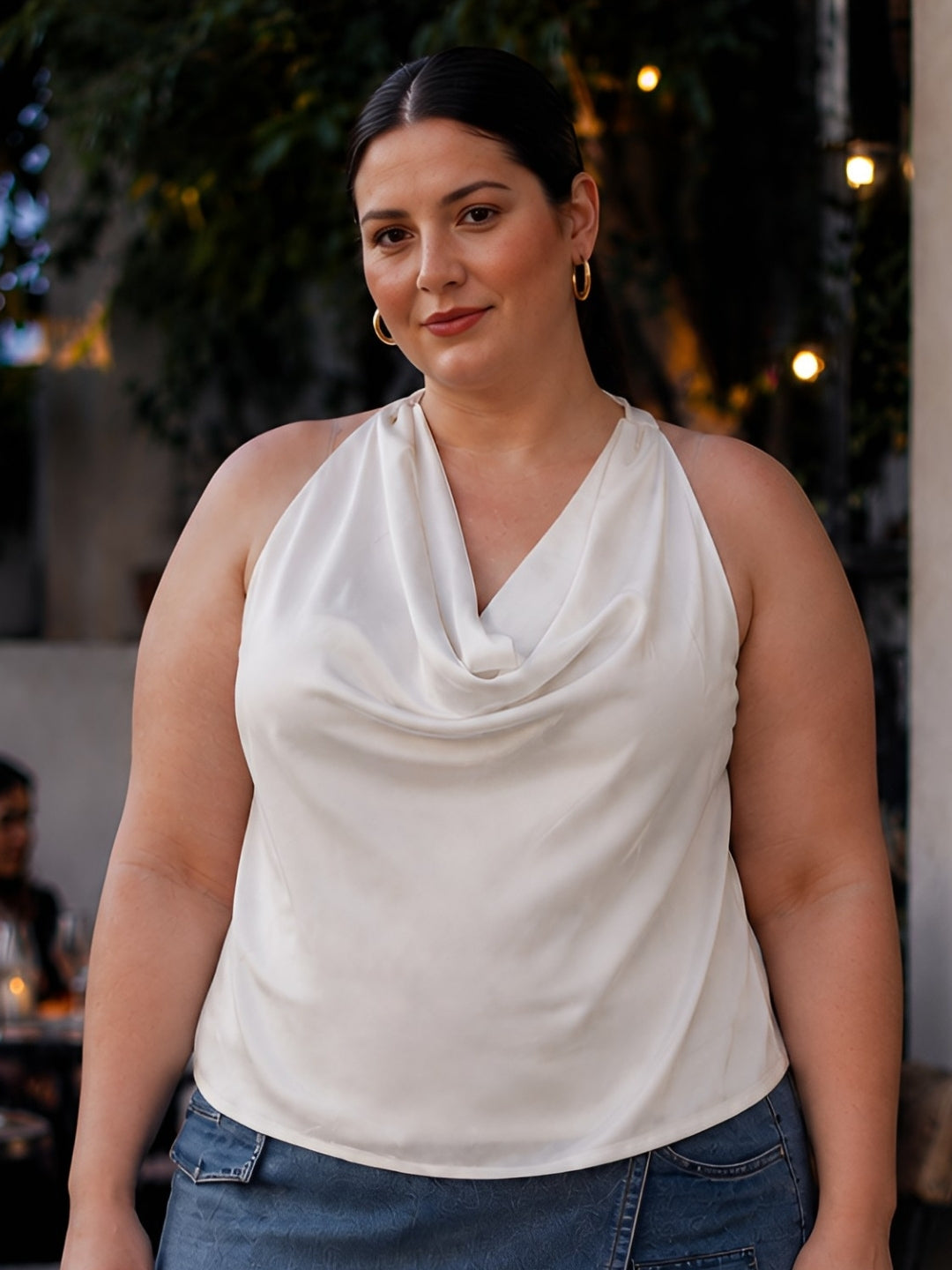 Off White Solid Sleeveless Cowl Neck Straight Top