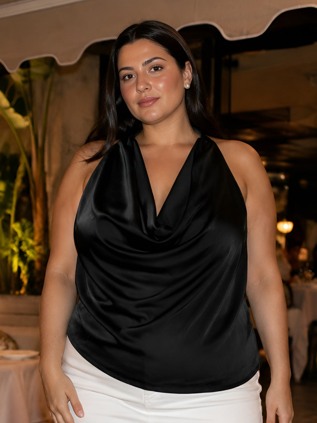 Black Solid Sleeveless Cowl Neck Straight Top