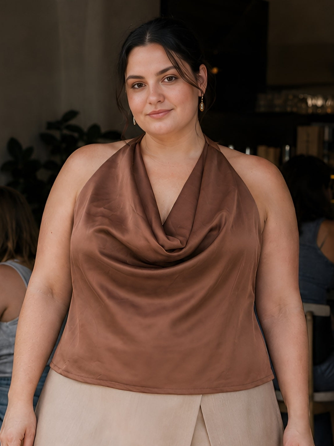 Brown Solid Sleeveless Cowl Neck Straight Top