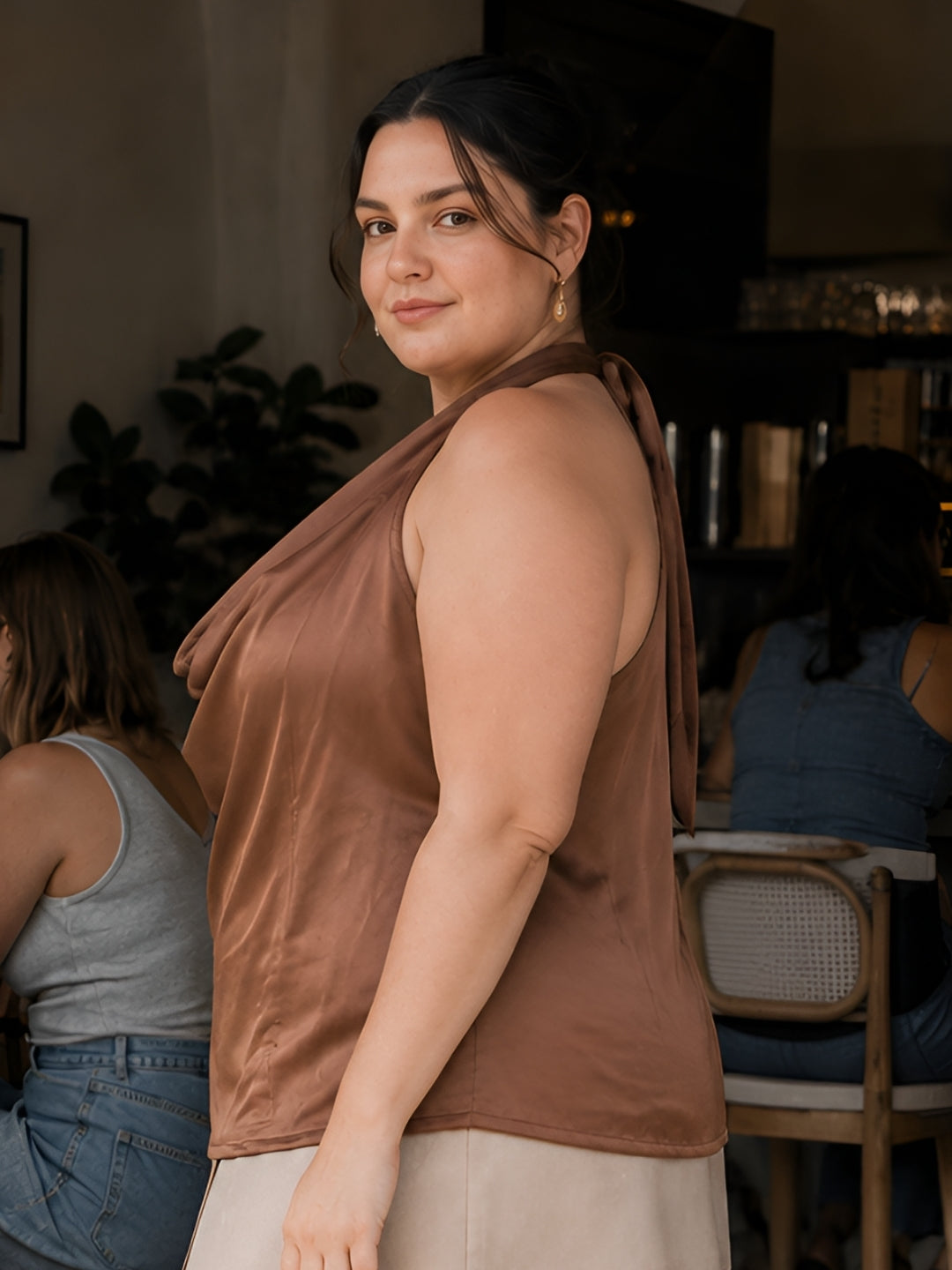 Brown Solid Sleeveless Cowl Neck Straight Top