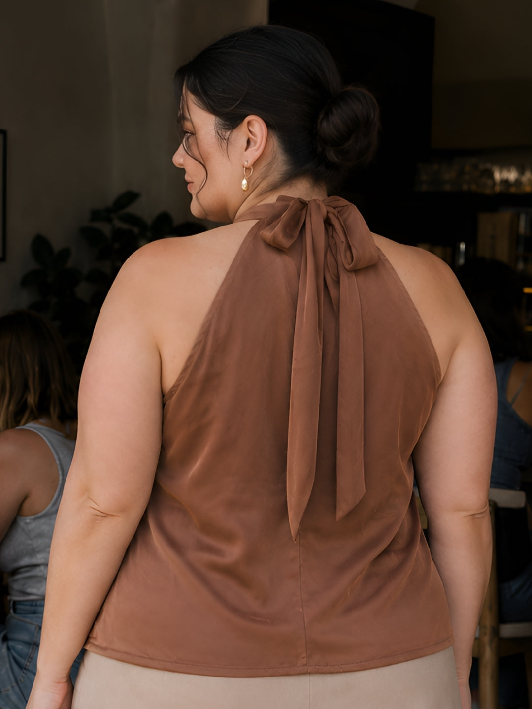 Brown Solid Sleeveless Cowl Neck Straight Top