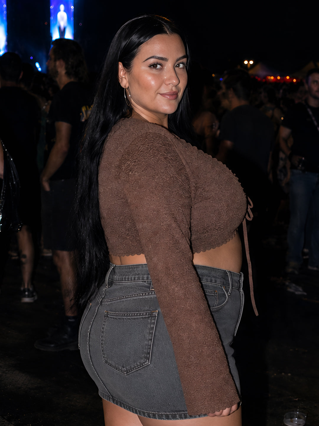 Brown Solid Long V-Neck Fitted Top